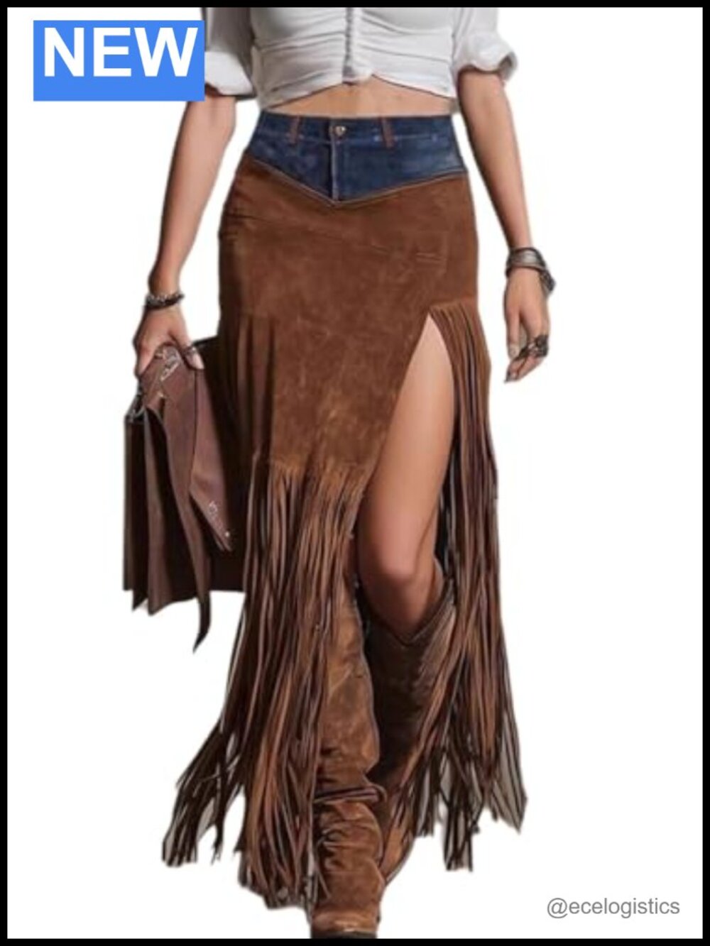Faux Suede Patchwork High Waist Slit Fringe Tassel Vintage Western Maxi Skirt